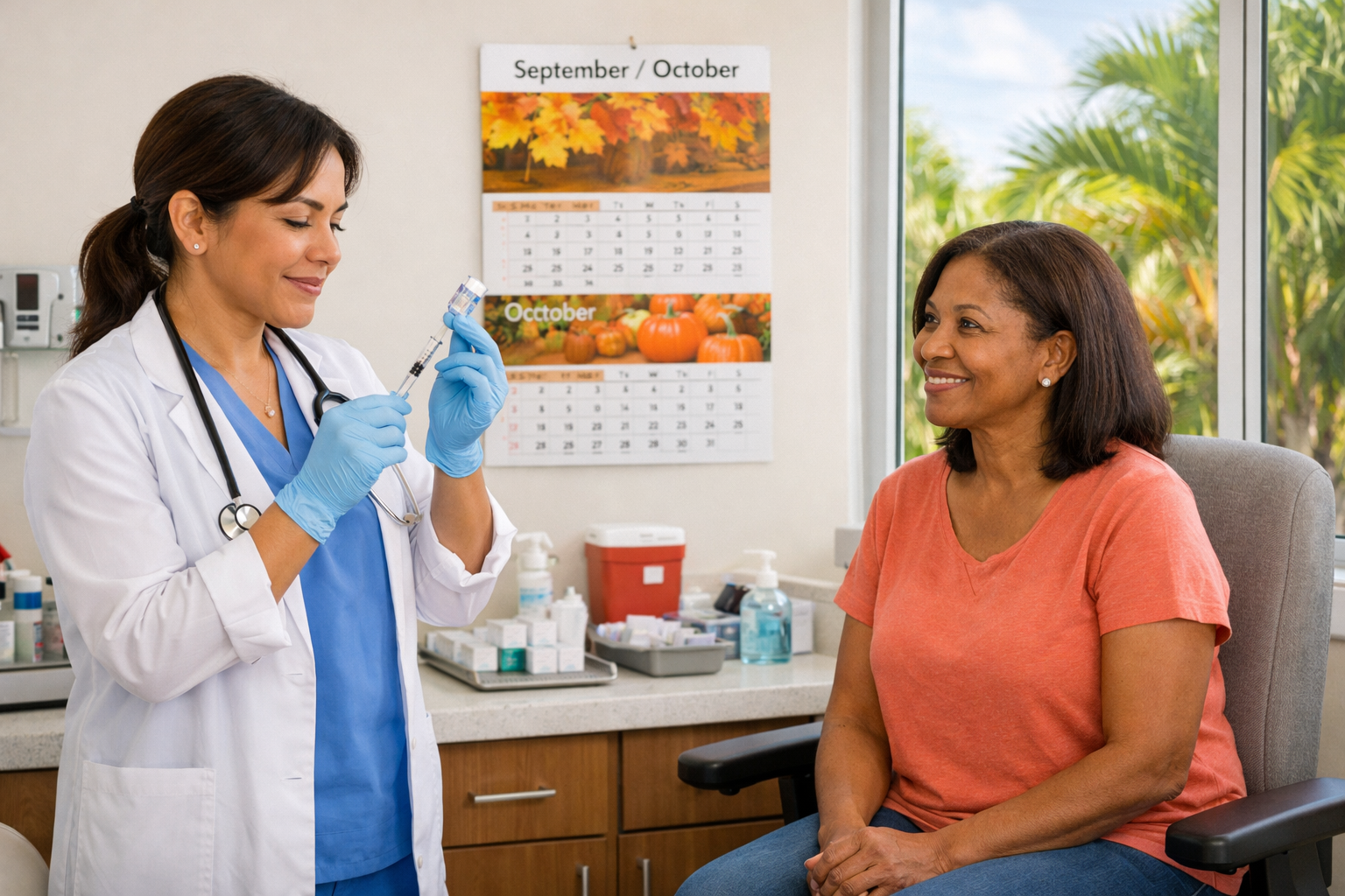 A modern medical clinic examination room in Miami Gardens during early fall, featuring a licensed healthcare provider in