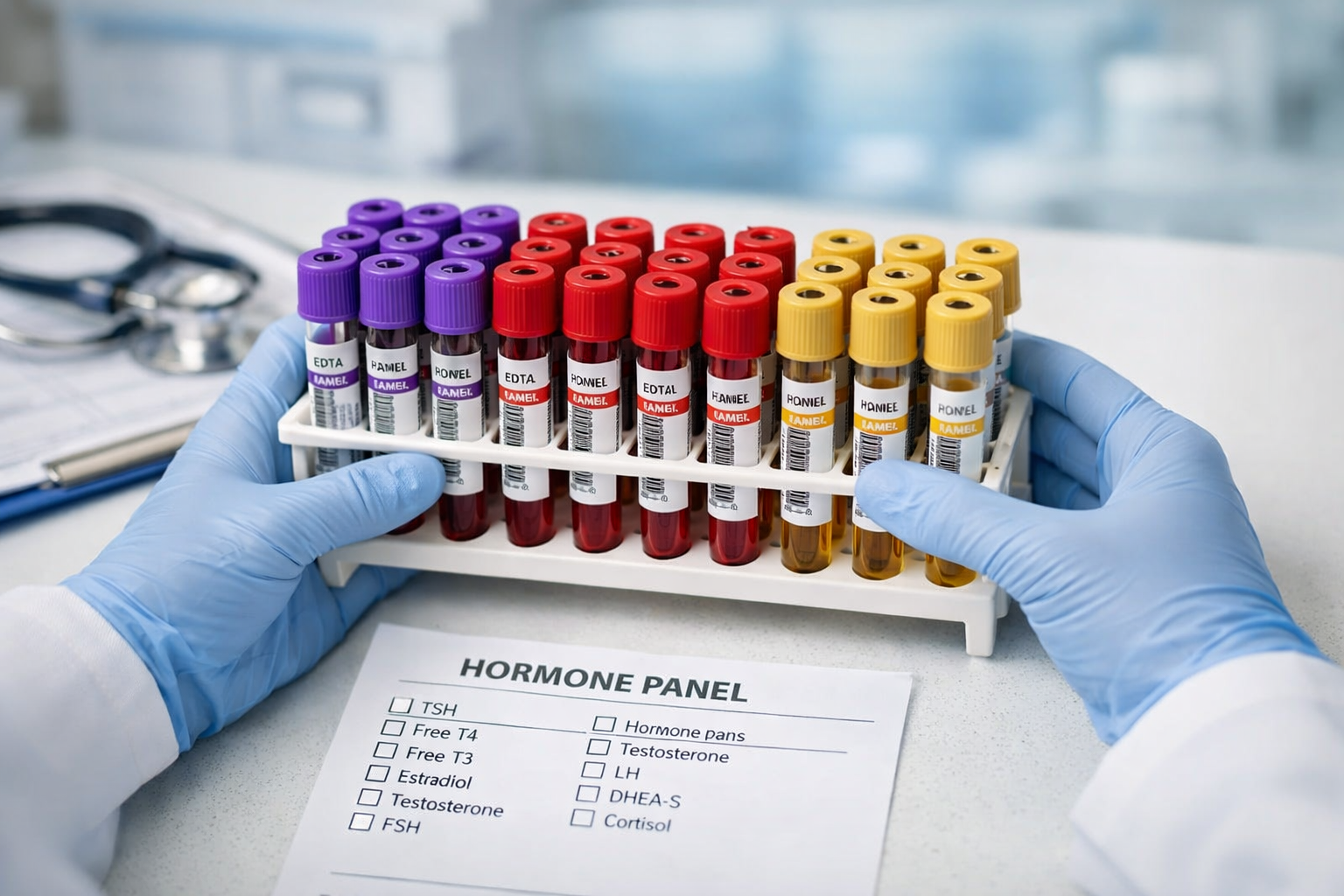 Close-up editorial photograph of a medical professional's gloved hands holding multiple labeled blood collection tubes in