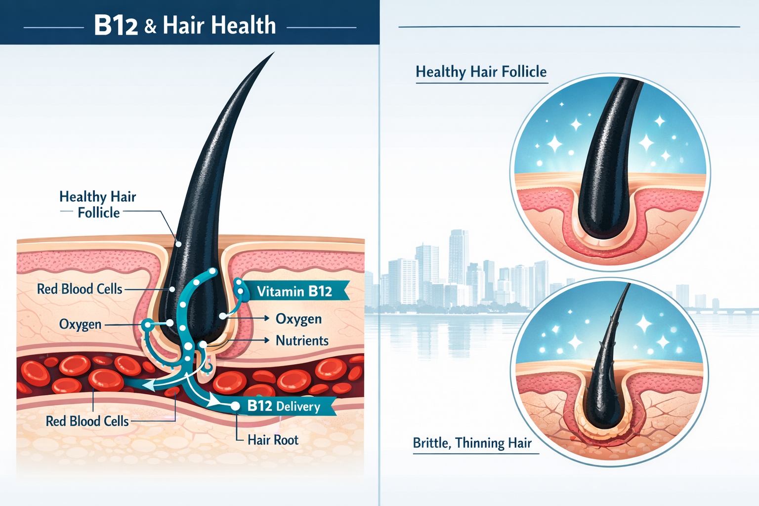 Detailed () clinical wellness illustration showing a split-panel comparison: left side depicts a cross-section diagram of a