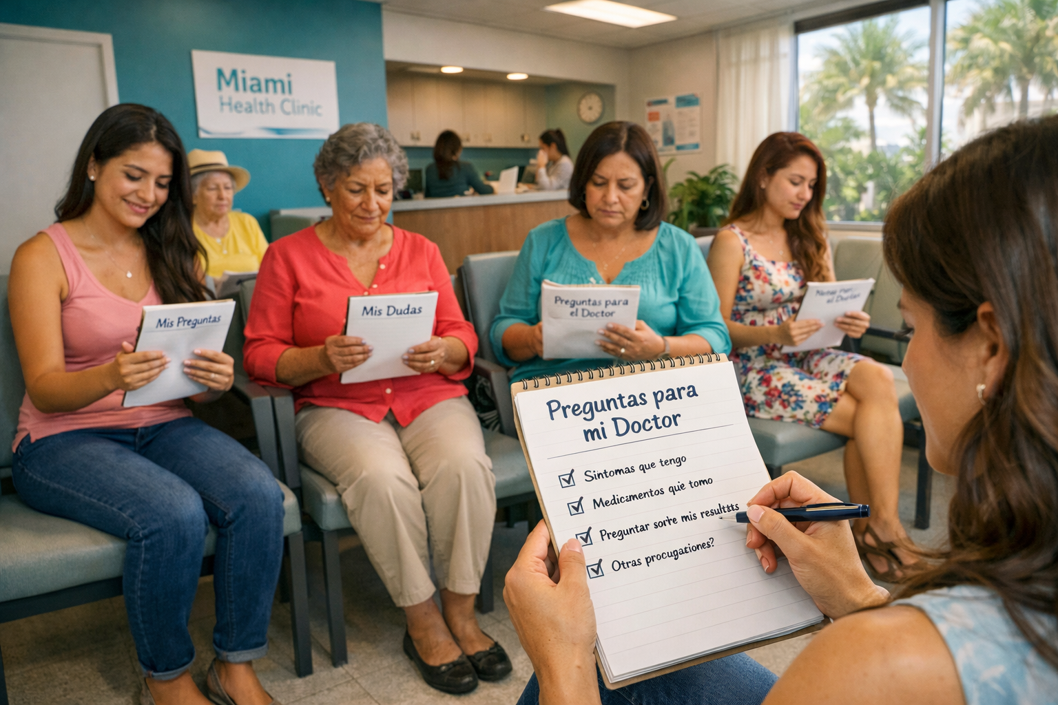 Detailed () editorial illustration showing a diverse group of Latina women of various ages (18-65) seated in a bright modern