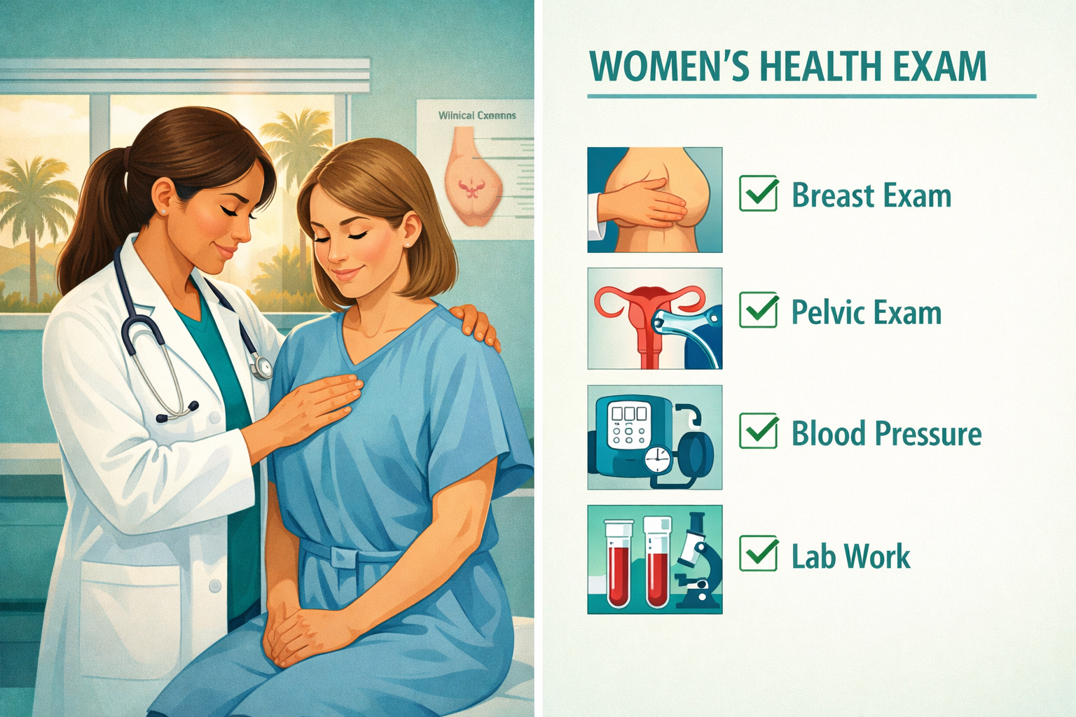 Detailed () editorial illustration showing a split-panel infographic: left side depicts a female doctor performing a