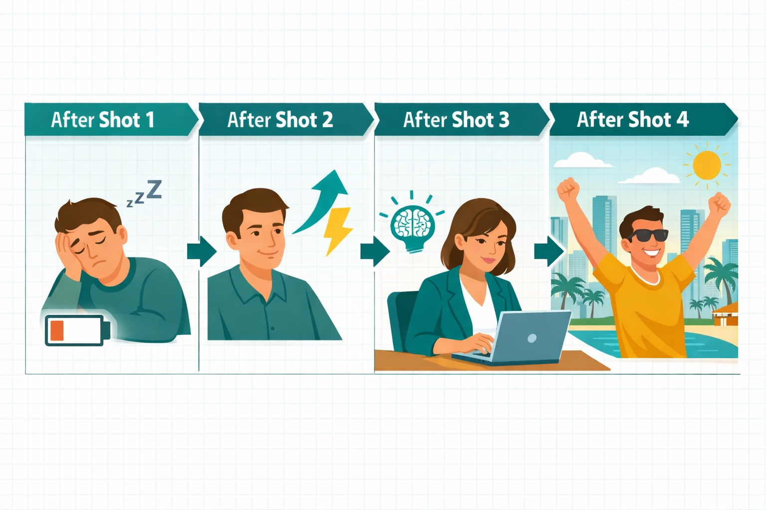 Detailed () editorial infographic-style illustration showing a four-panel timeline sequence of B12 injection results: Panel