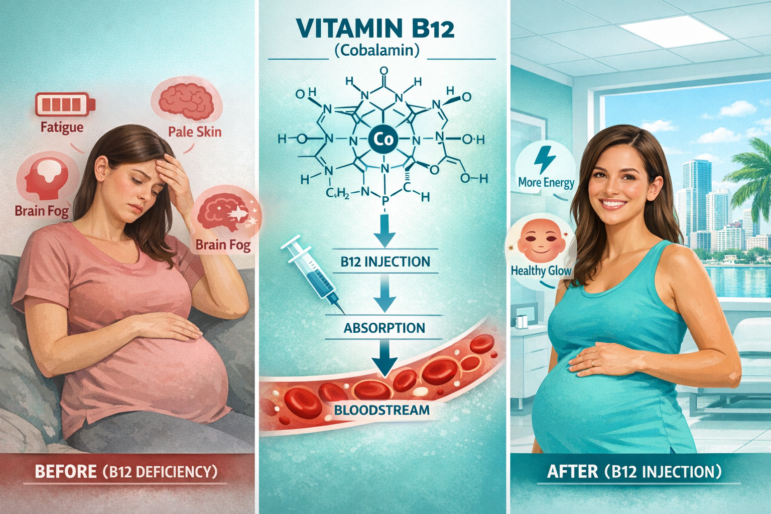 Detailed () educational infographic-style illustration showing a split-panel composition: left side depicts a pregnant woman