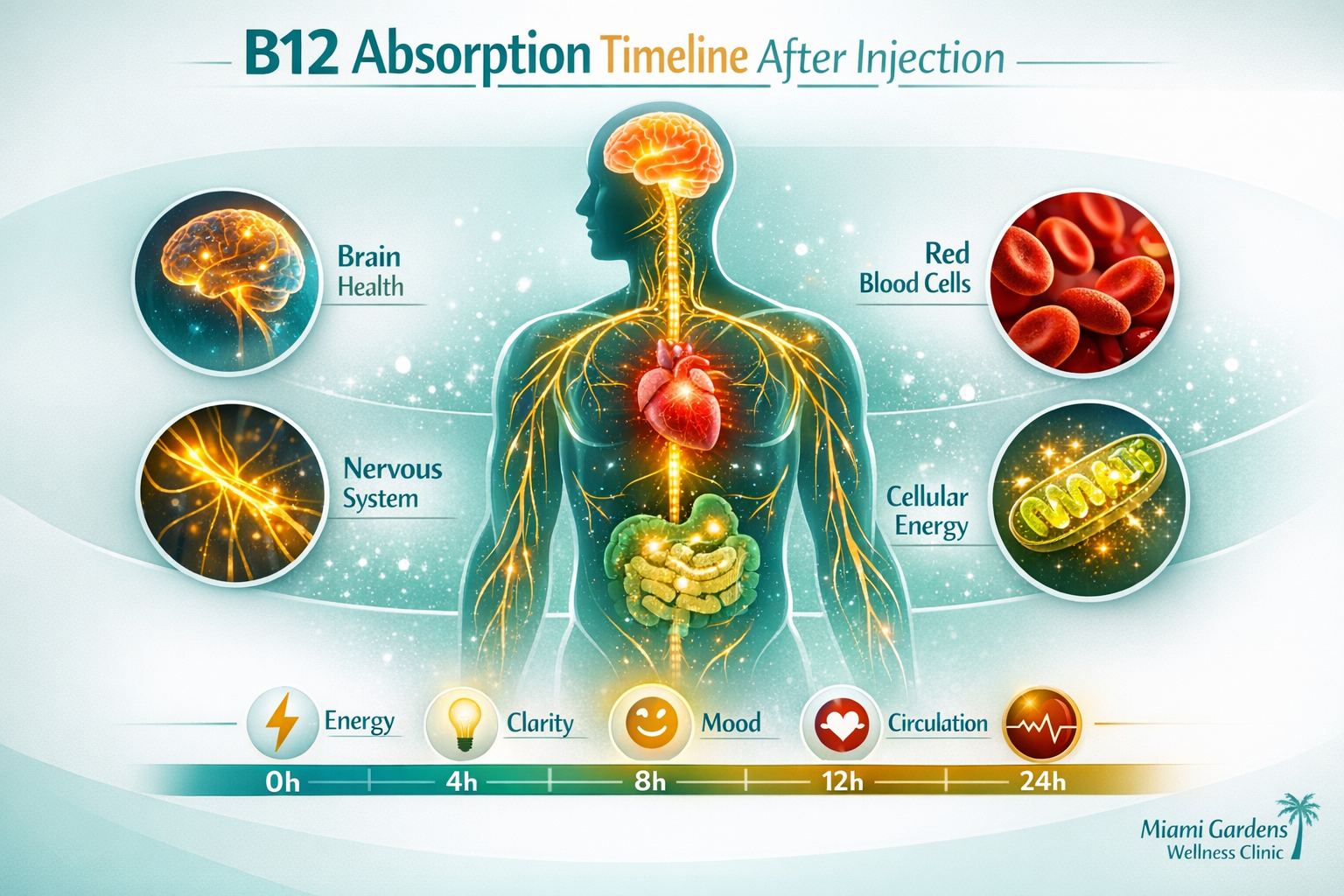 Detailed () educational medical infographic illustration showing a human body silhouette with glowing energy pathways and