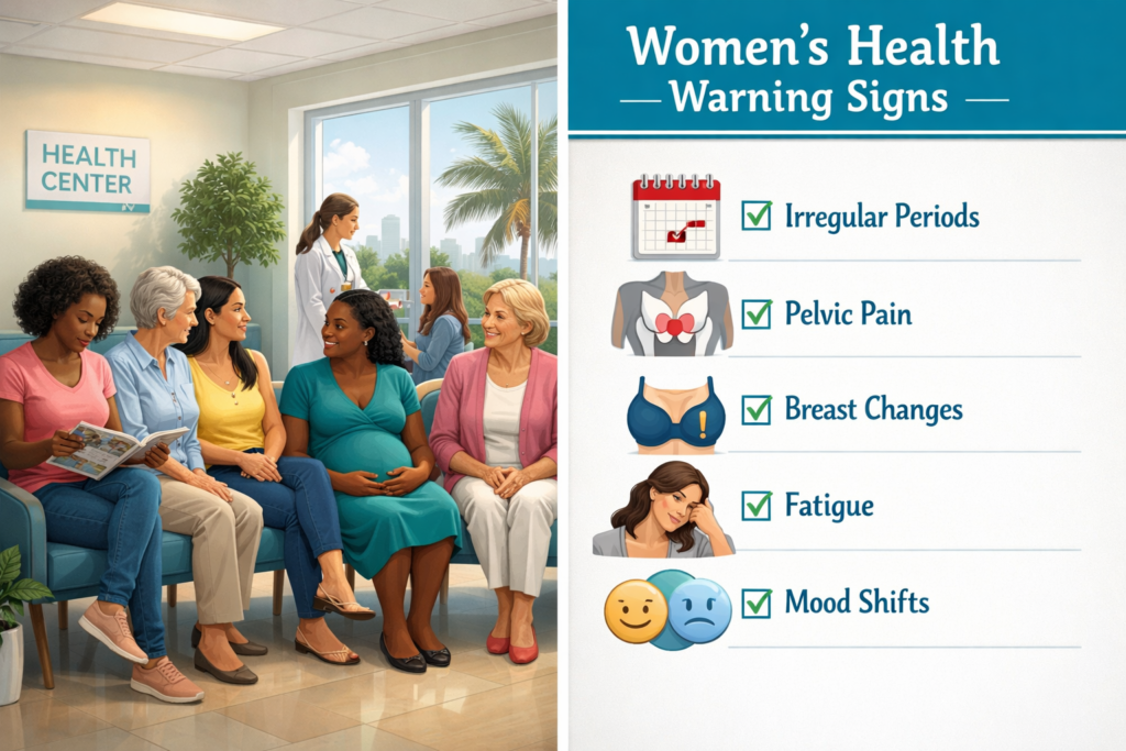 Detailed () illustrative medical infographic showing a split-scene composition: left side features a diverse group of women