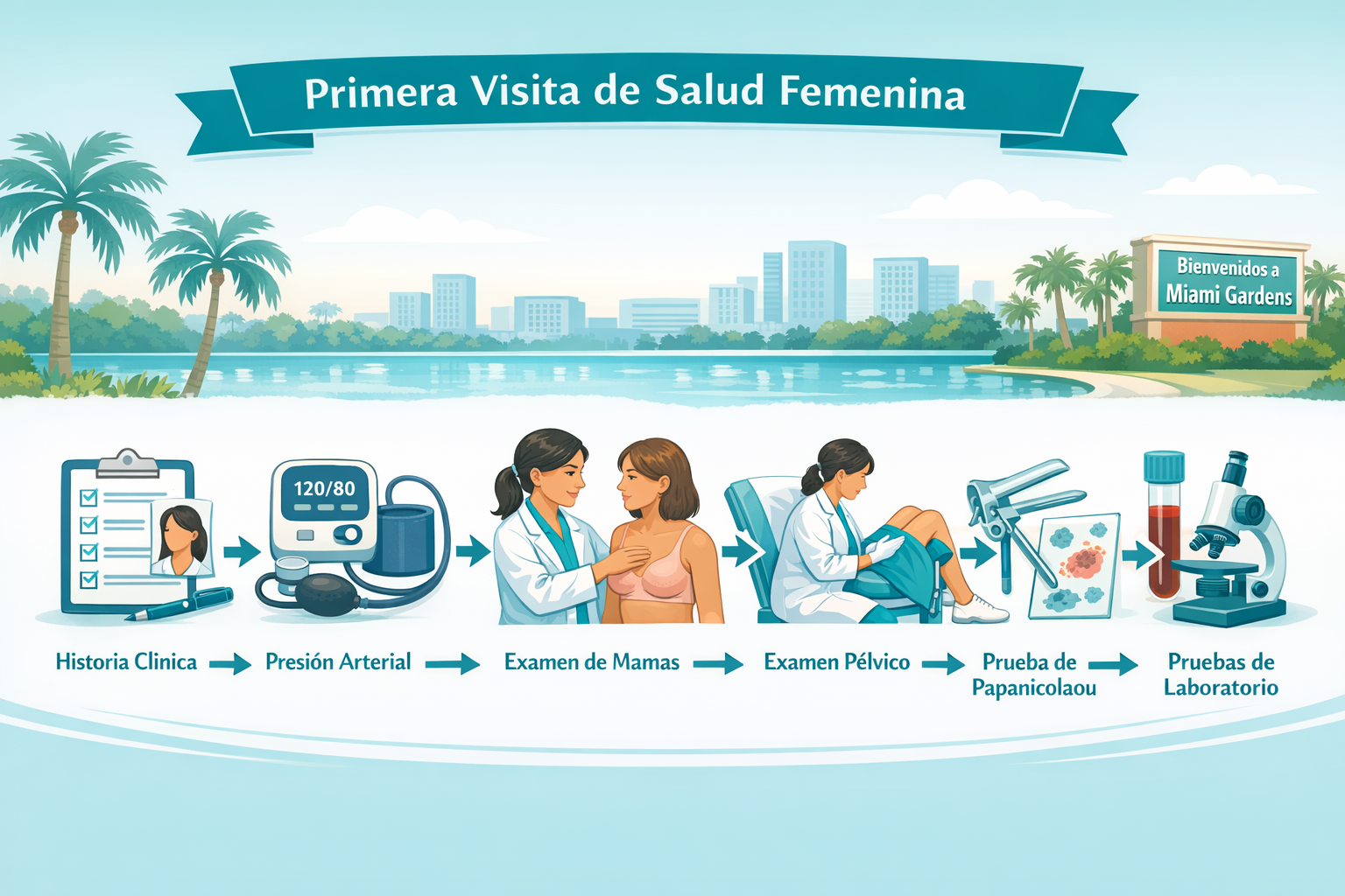 Detailed () illustrative medical infographic showing a step-by-step visual timeline of a women's health first visit: icons