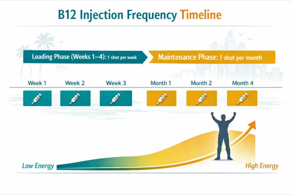 Detailed () infographic-style illustration showing a B12 injection frequency timeline — a horizontal medical calendar chart