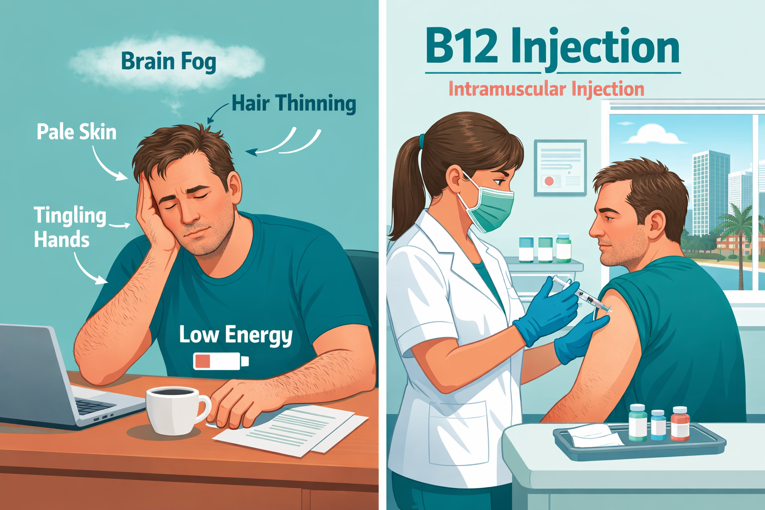 Detailed () informational graphic showing a split-panel illustration: left side depicts a fatigued Miami adult sitting at a