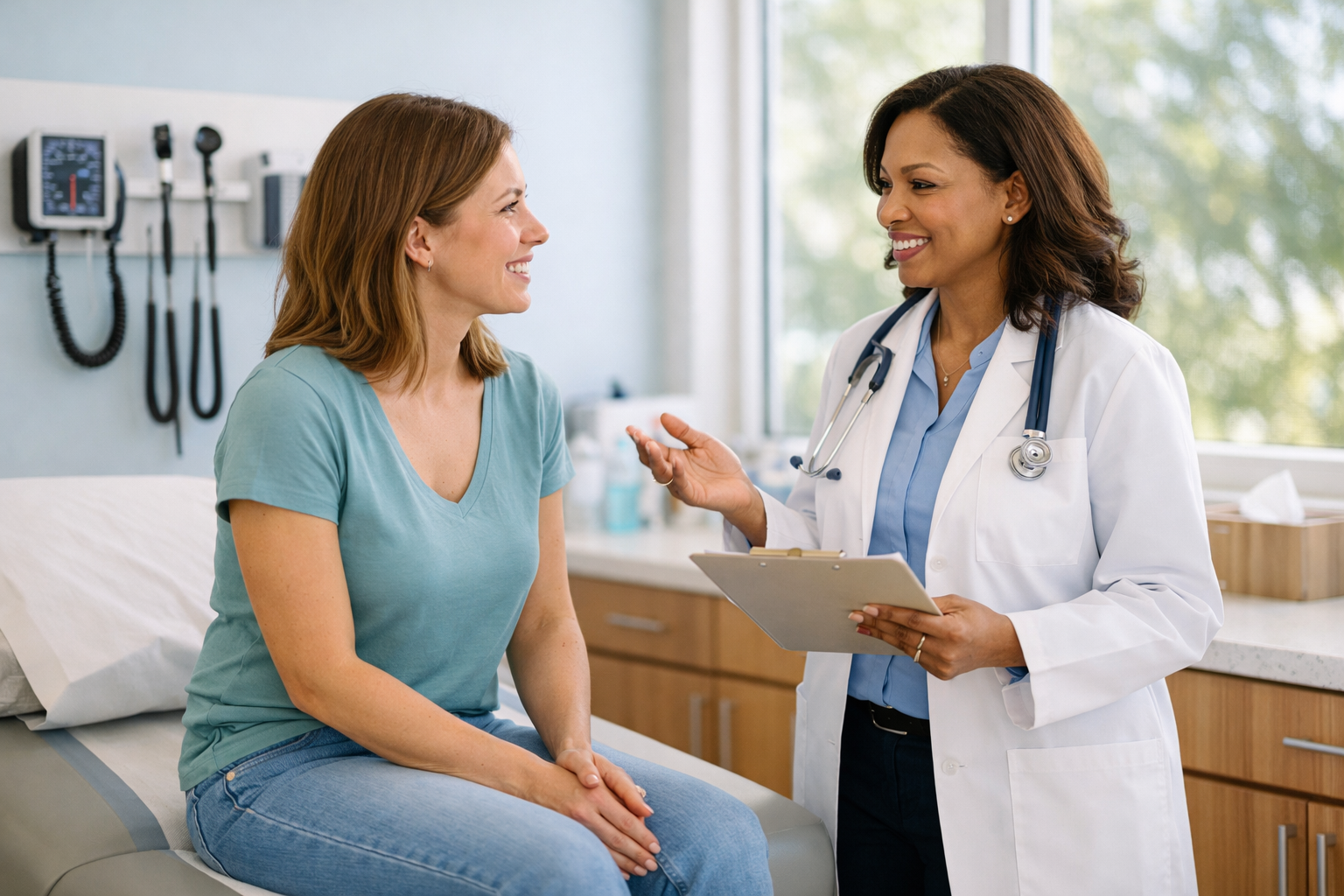 Editorial landscape photograph () of a modern medical examination room in Miami Gardens showing a female patient in her 30s