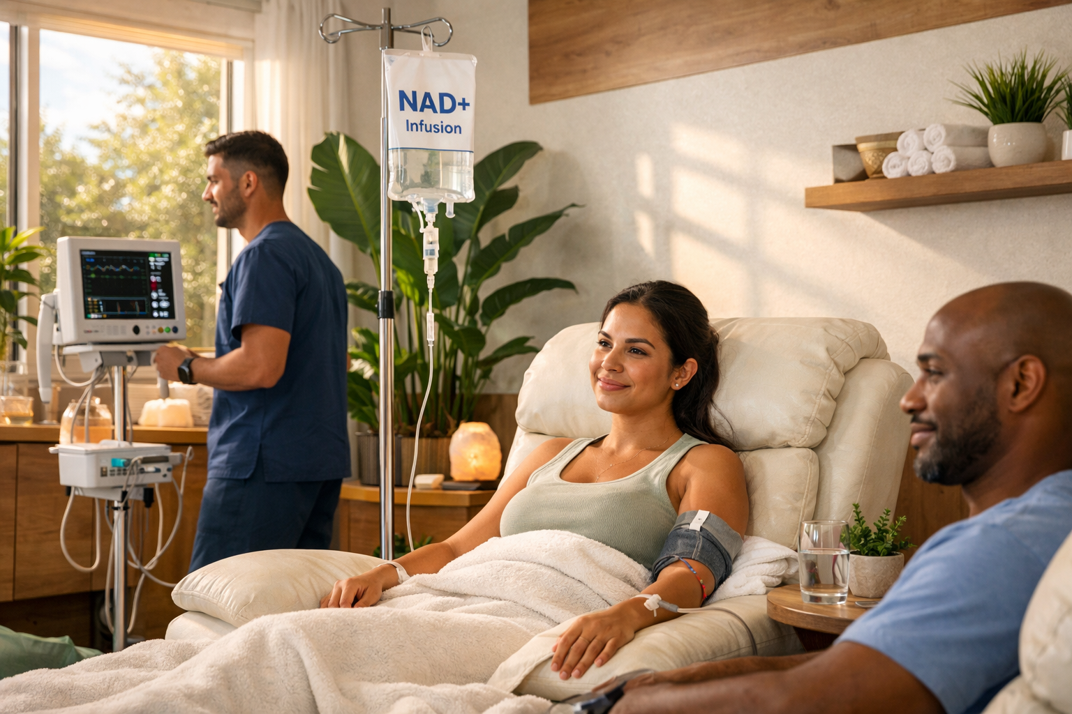 Landscape editorial photo () of a modern medical wellness clinic interior in Miami Gardens, Florida, showing a comfortable