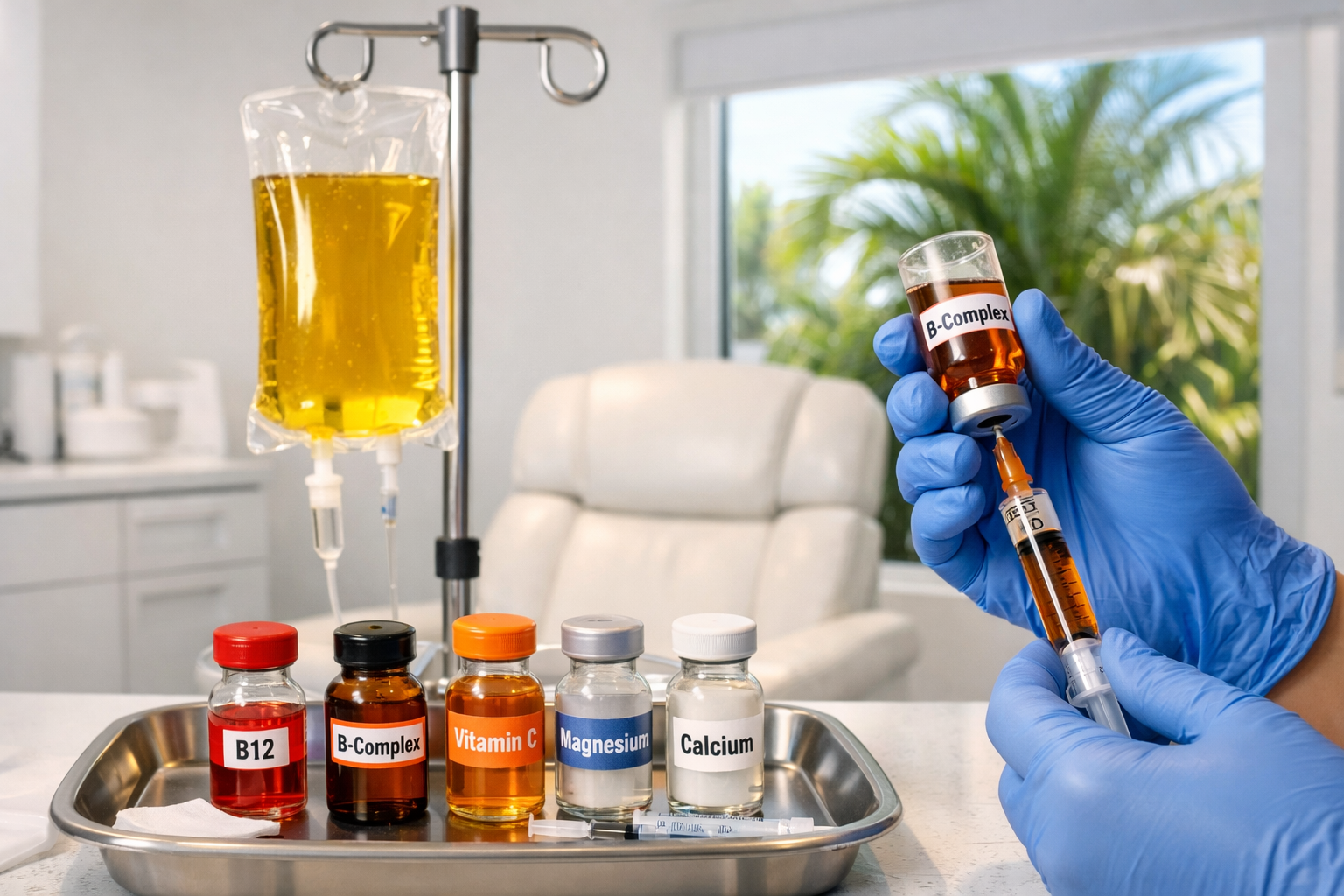Photorealistic () image of a licensed medical professional in modern Miami Gardens wellness clinic preparing Myers Cocktail
