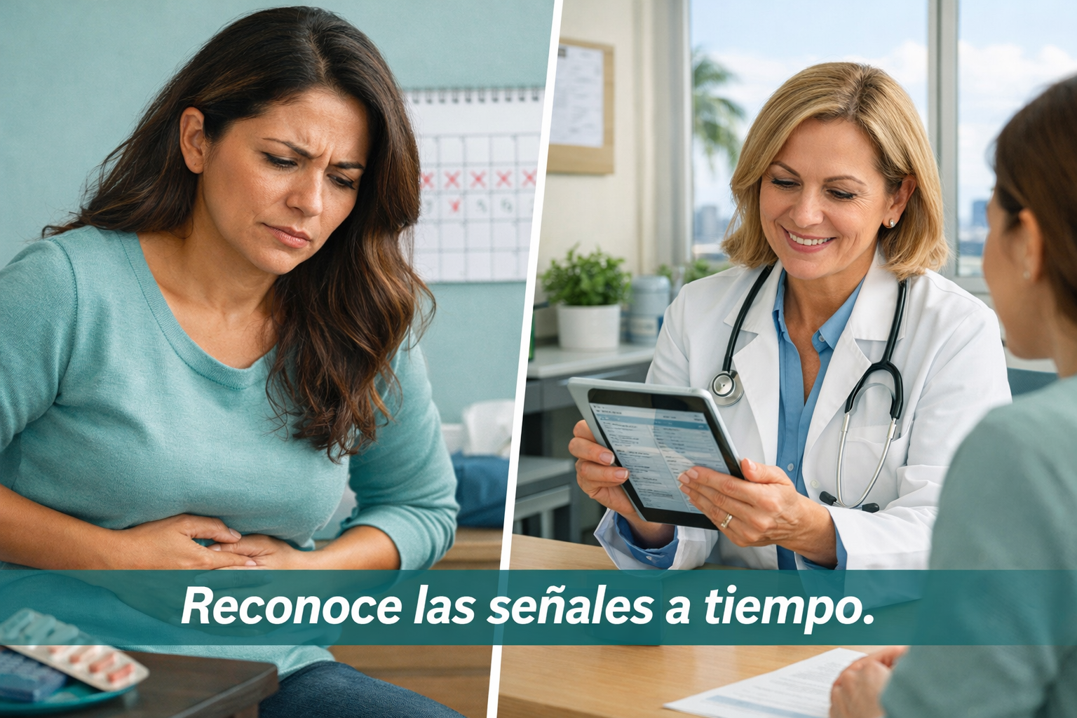 Professional () editorial image showing a split-panel concept: on the left, a close-up of a Latina woman looking concerned,