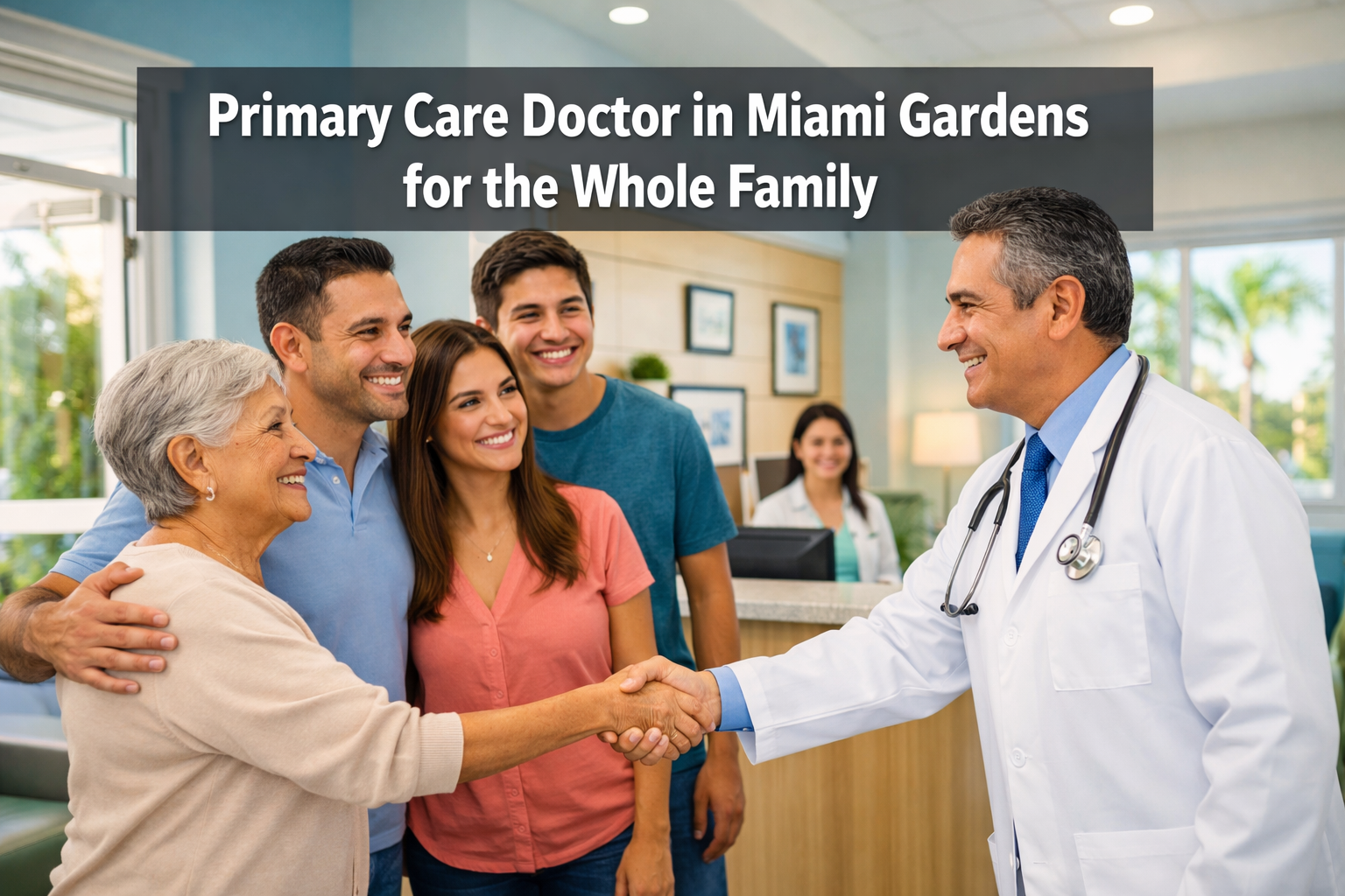Professional () hero image featuring 'Primary Care Doctor in Miami Gardens for the Whole Family' in extra large white with a