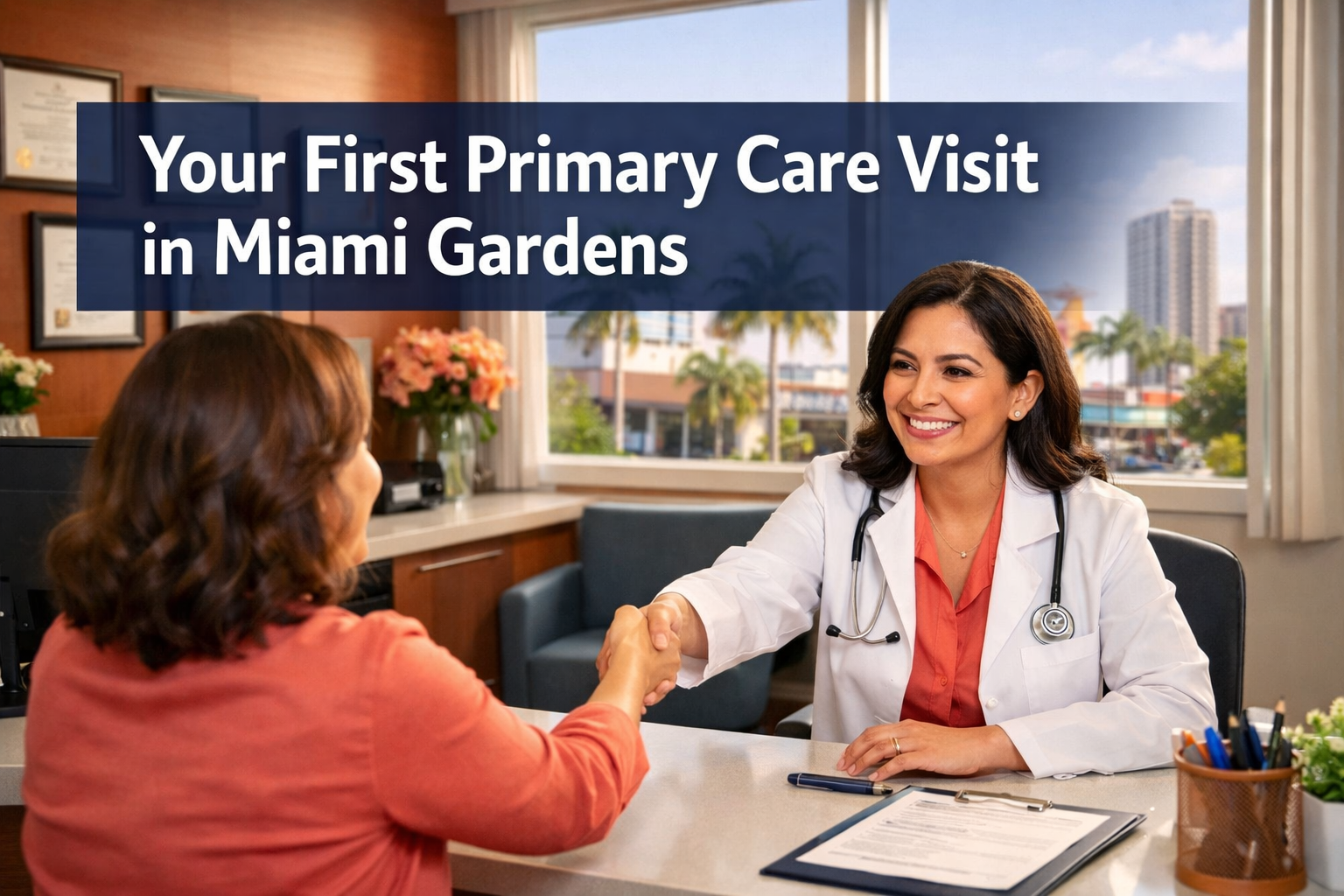 Professional () hero image featuring 'Your First Primary Care Visit in Miami Gardens' in extra large white with a