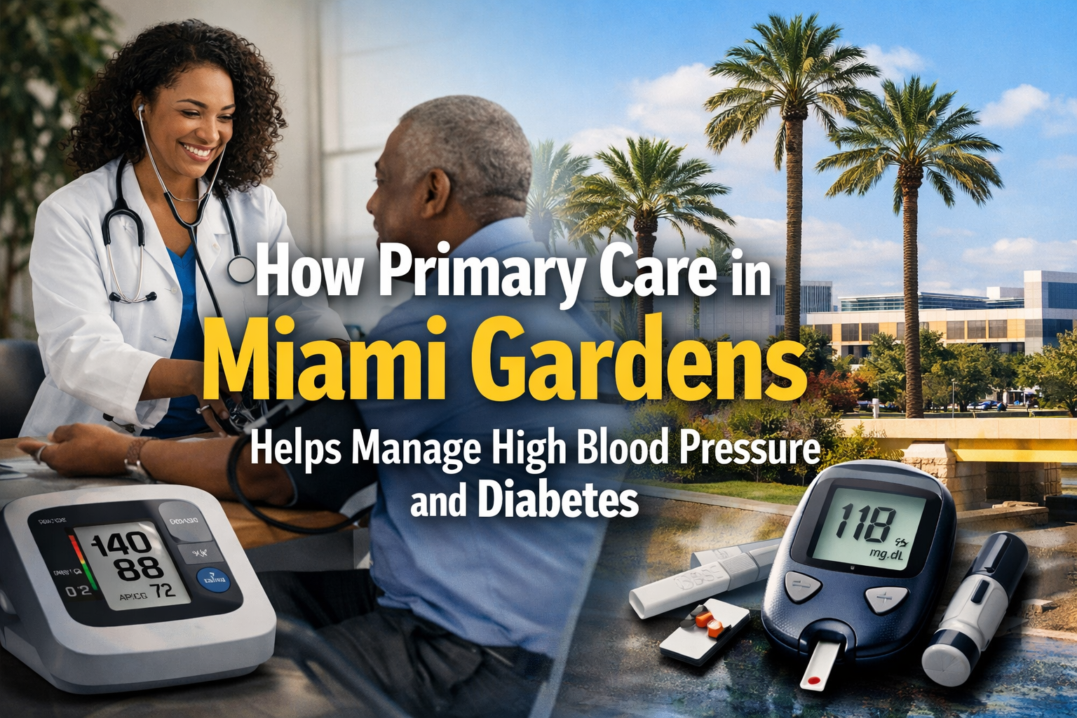 Professional landscape hero image () with : "How Primary Care in Miami Gardens Helps Manage High Blood Pressure and