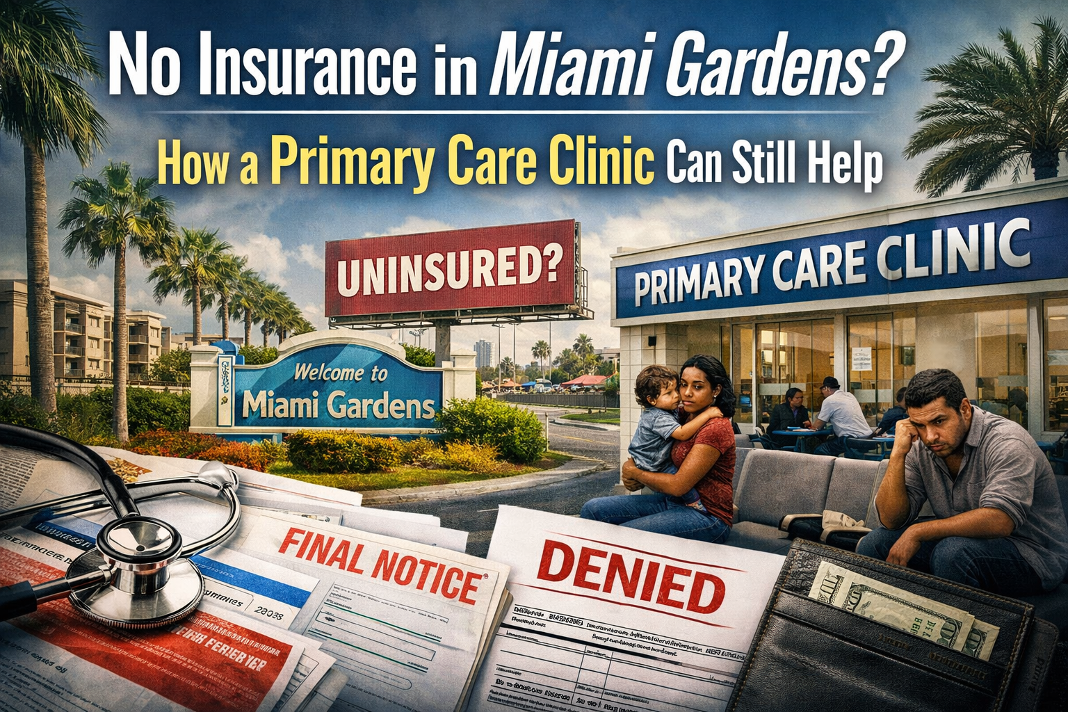 Professional landscape hero image () with : "No Insurance in Miami Gardens? How a Primary Care Clinic Can Still Help".