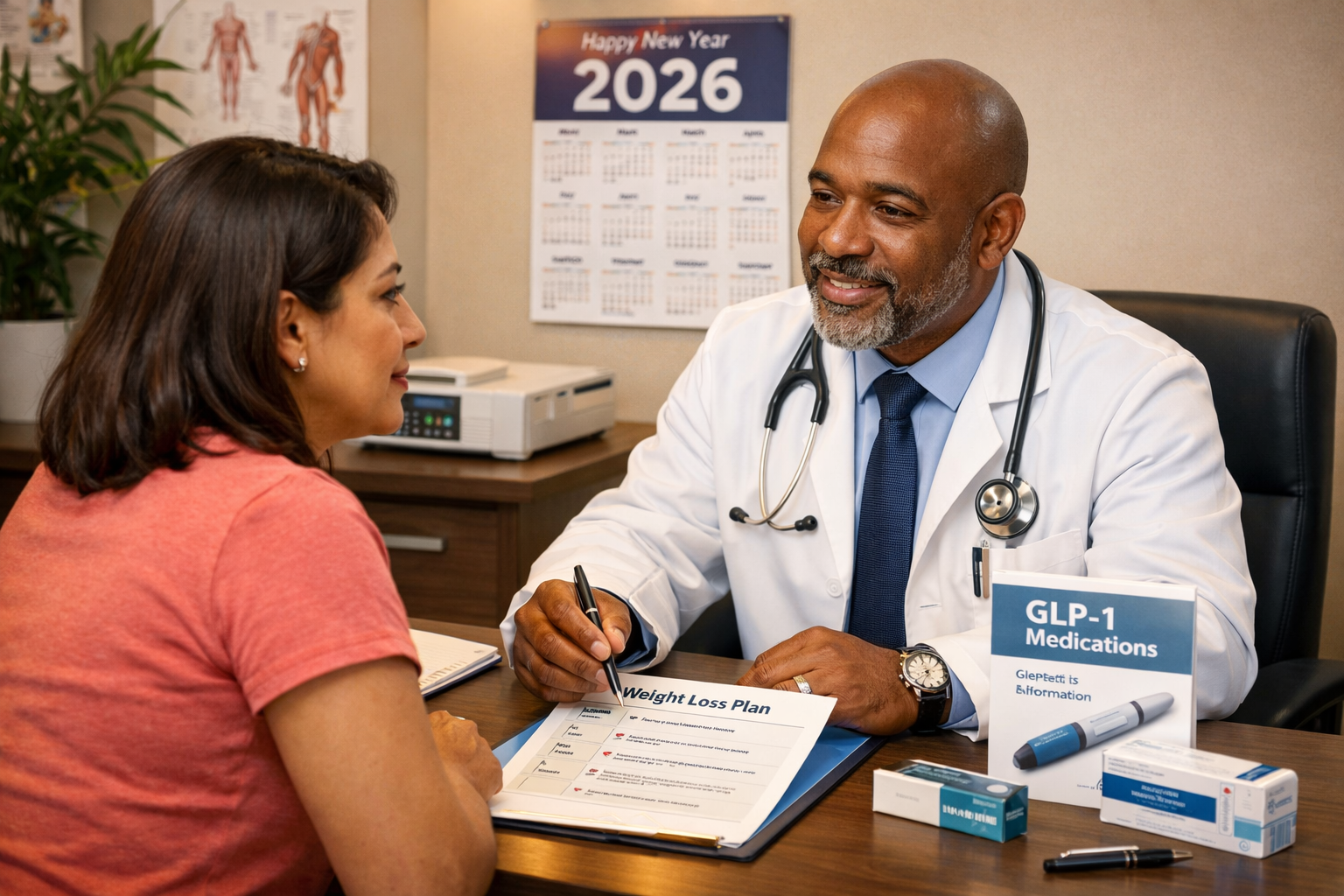 Professional medical consultation scene in Miami Gardens showing a diverse doctor in white coat discussing a personalized