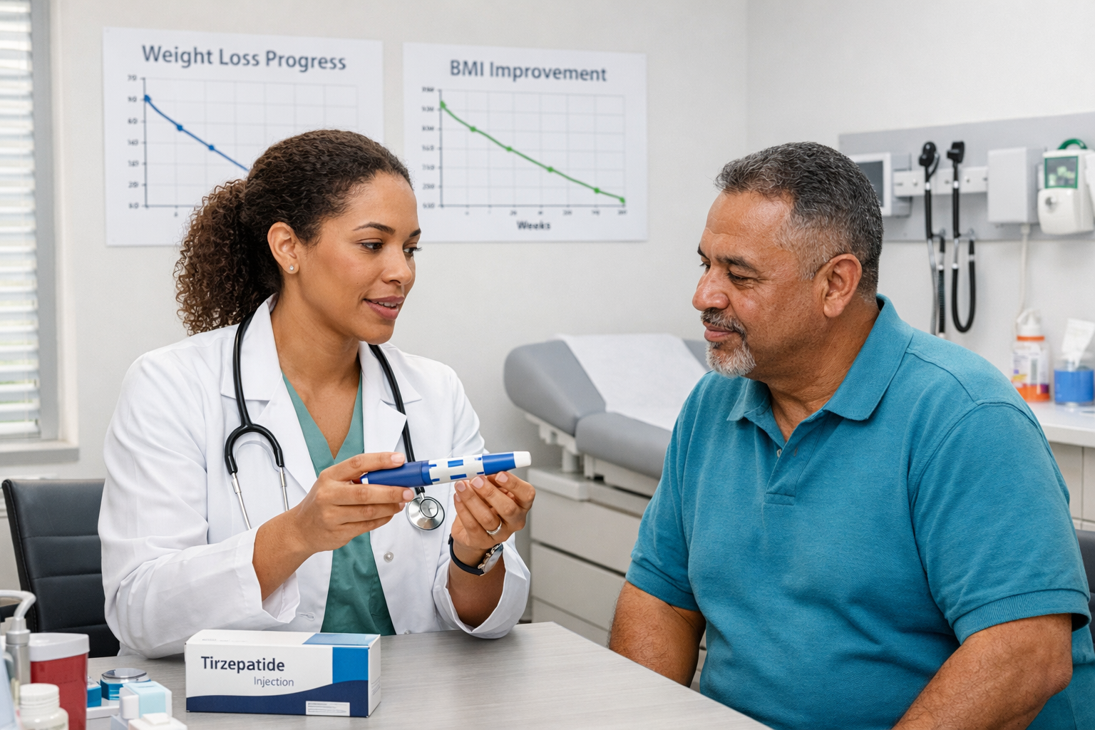 Professional medical consultation scene in modern Miami Gardens clinic showing healthcare provider explaining tirzepatide