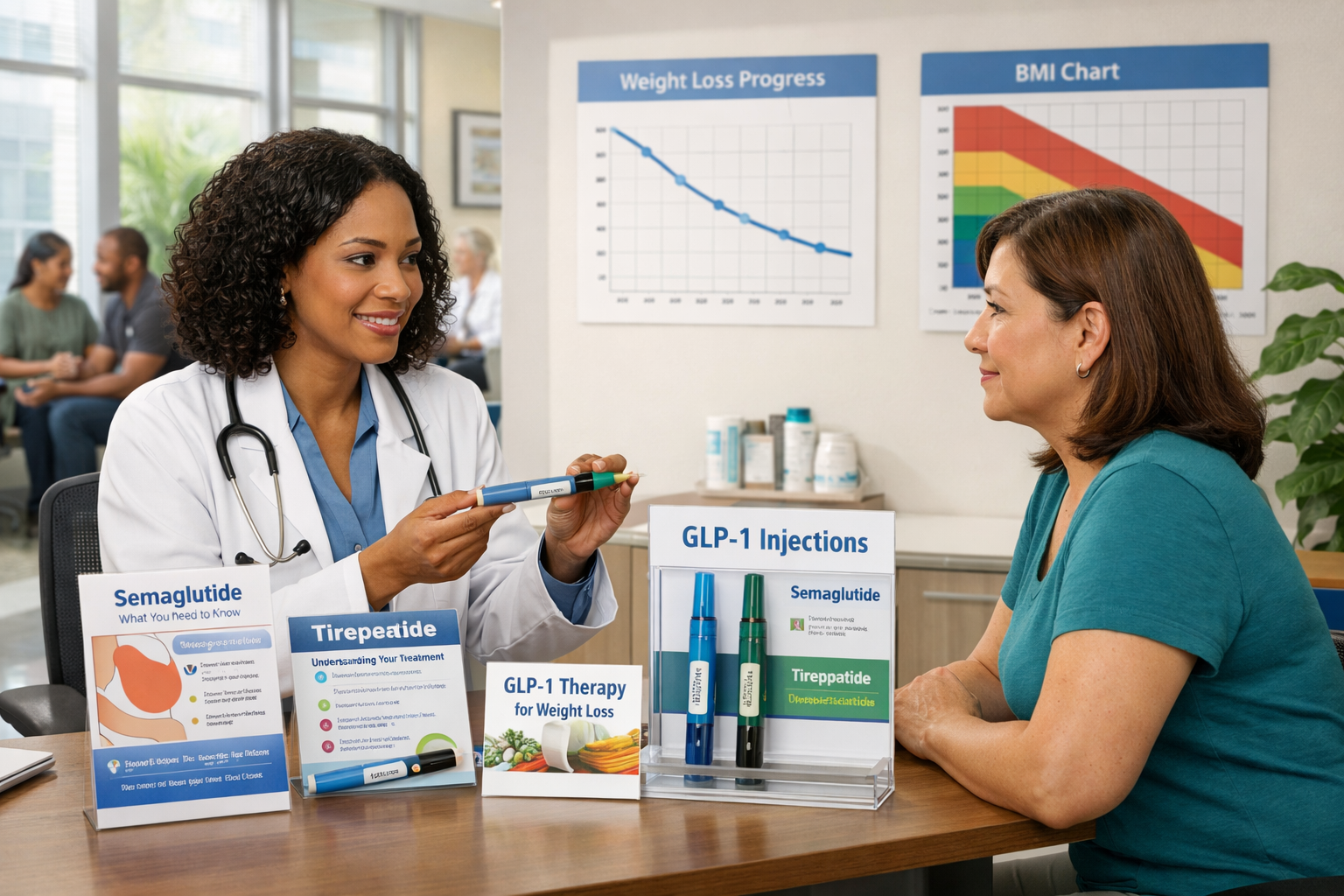 Professional medical consultation scene showing a healthcare provider explaining GLP-1 injection therapy to a patient in a