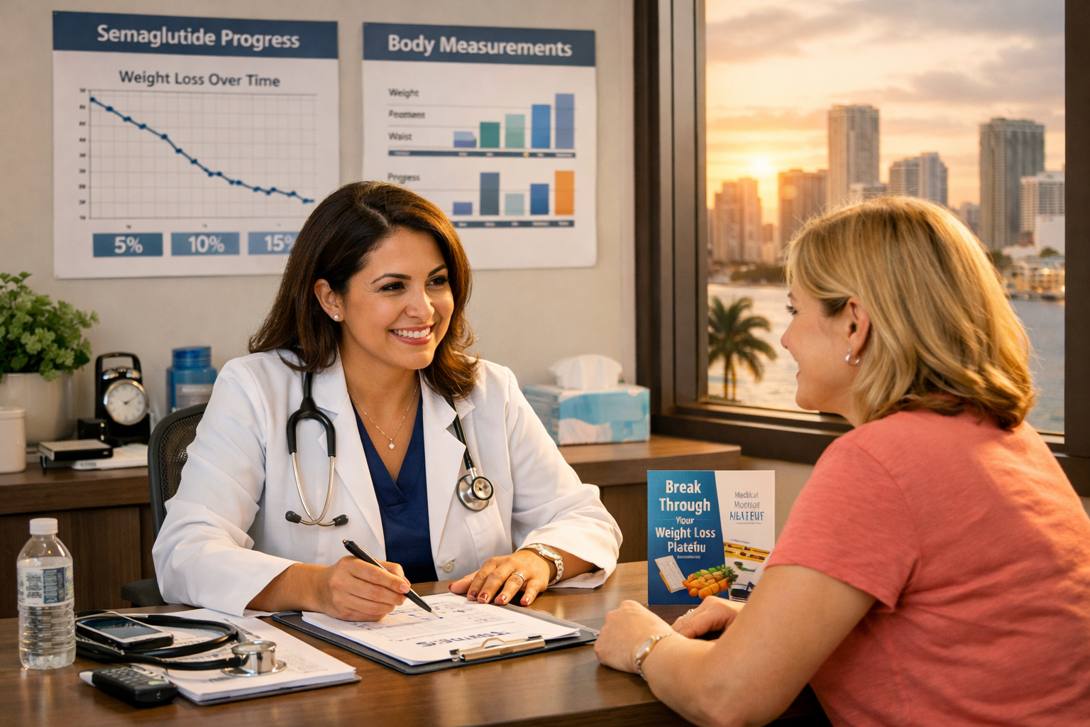 Professional medical consultation scene showing a healthcare provider in Miami discussing weight loss plateau solutions with