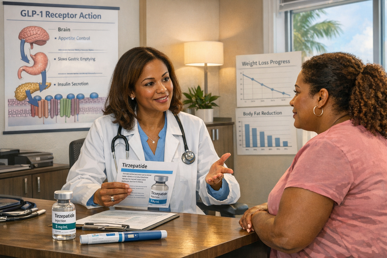 Professional medical consultation scene showing a healthcare provider in white coat explaining tirzepatide medication to a