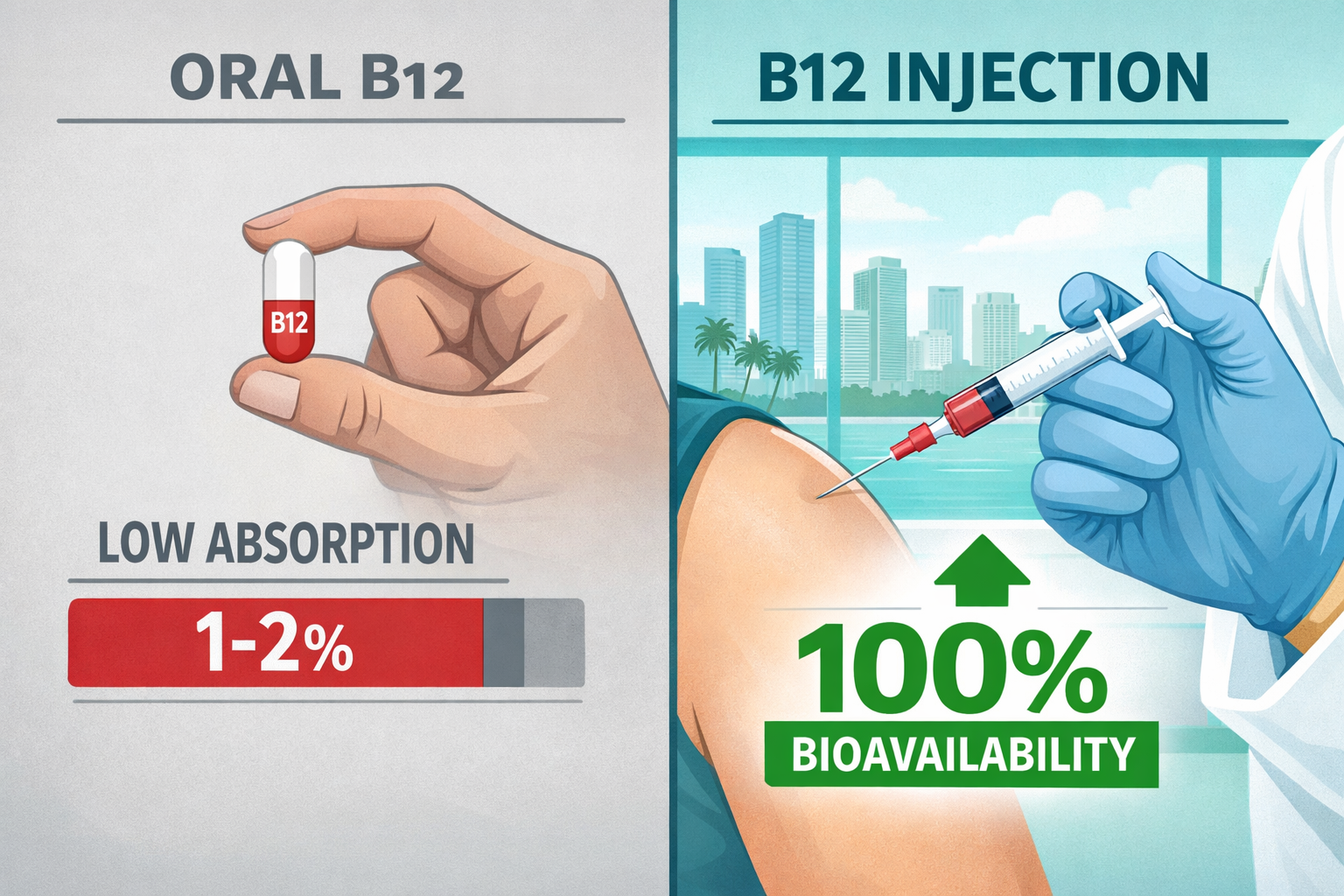 Split-composition () infographic-style illustration showing two side-by-side panels: LEFT panel depicts a hand holding a B12