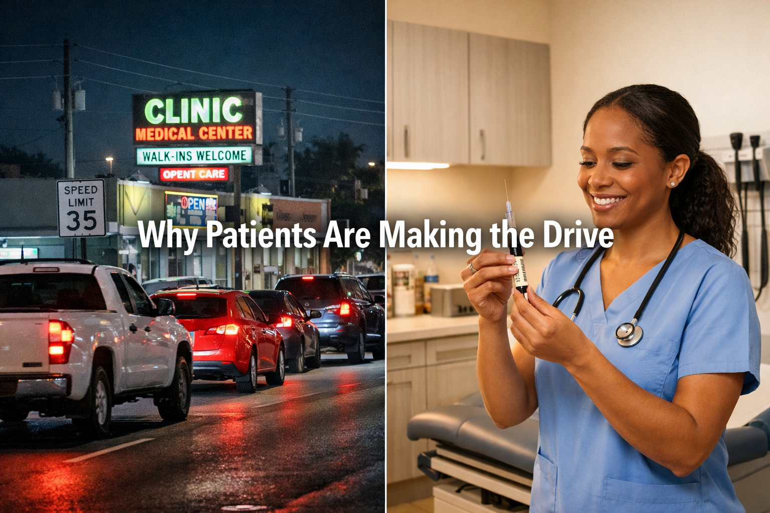 Wide-angle () editorial image showing a split-scene comparison: left side depicts a busy Hialeah street with traffic and a