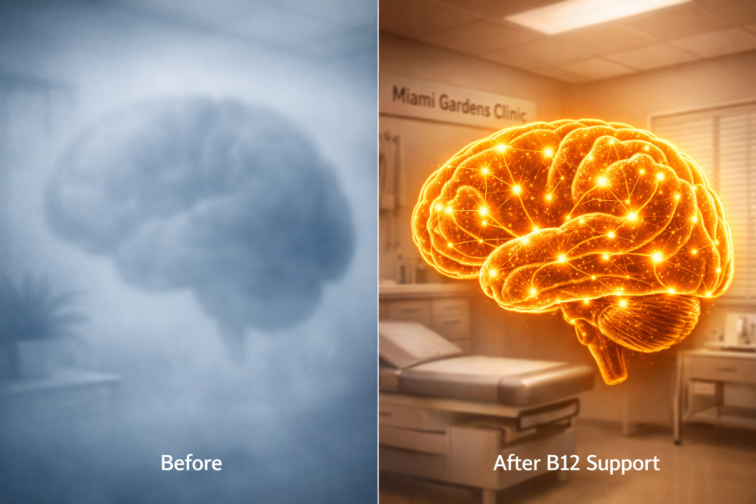 () conceptual split-panel illustration: left side shows a foggy, blurred human brain silhouette rendered in cool grey and