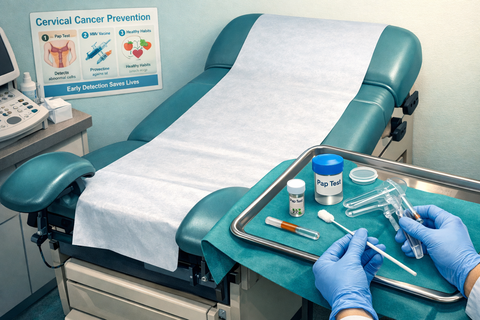 () editorial illustration showing a close-up overhead view of a clean, medical tray with speculum and specimen containers,