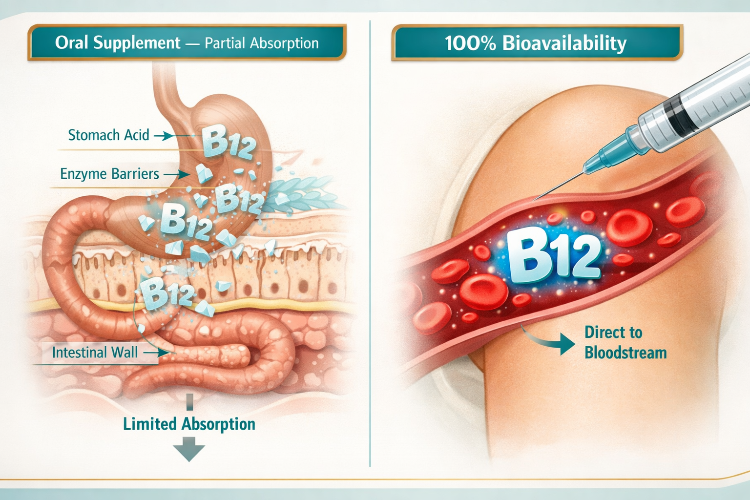 () editorial illustration showing a cross-section diagram of the human digestive system versus a direct intramuscular