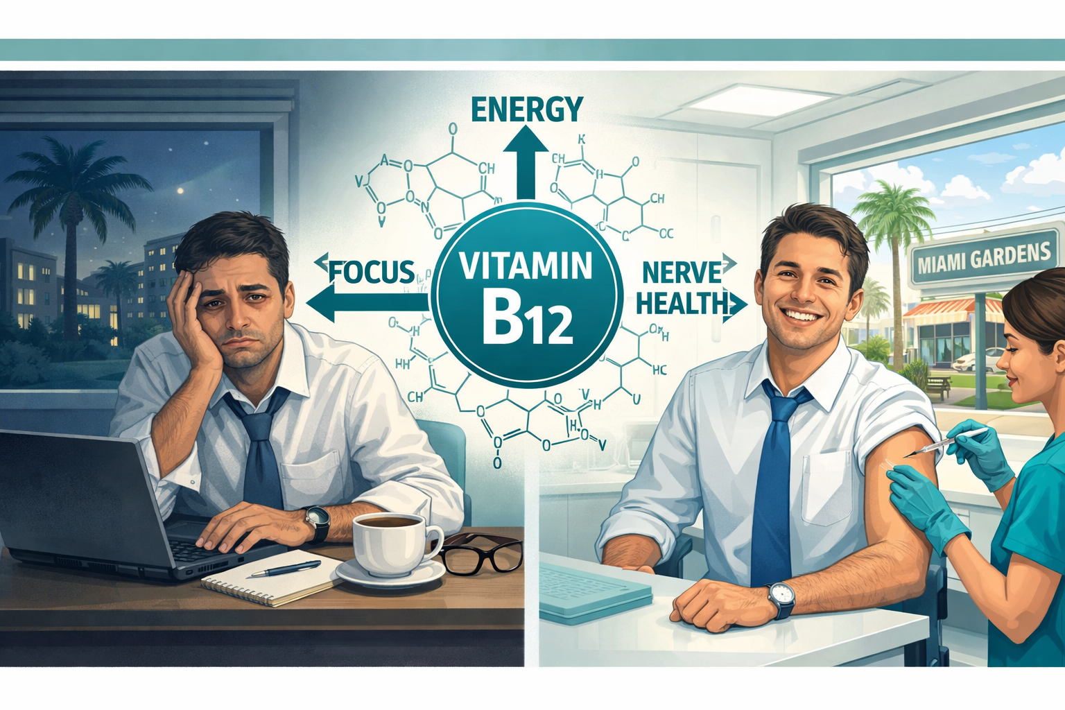 () editorial illustration showing a split-scene comparison: left side depicts a tired Miami professional sitting at a desk
