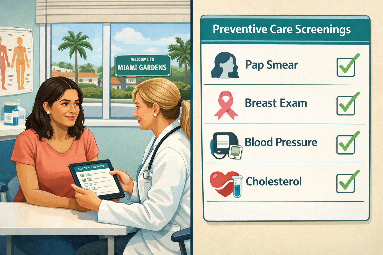 () editorial illustration showing a split-scene comparison: on the left, a Latina woman in her 30s sitting across from a