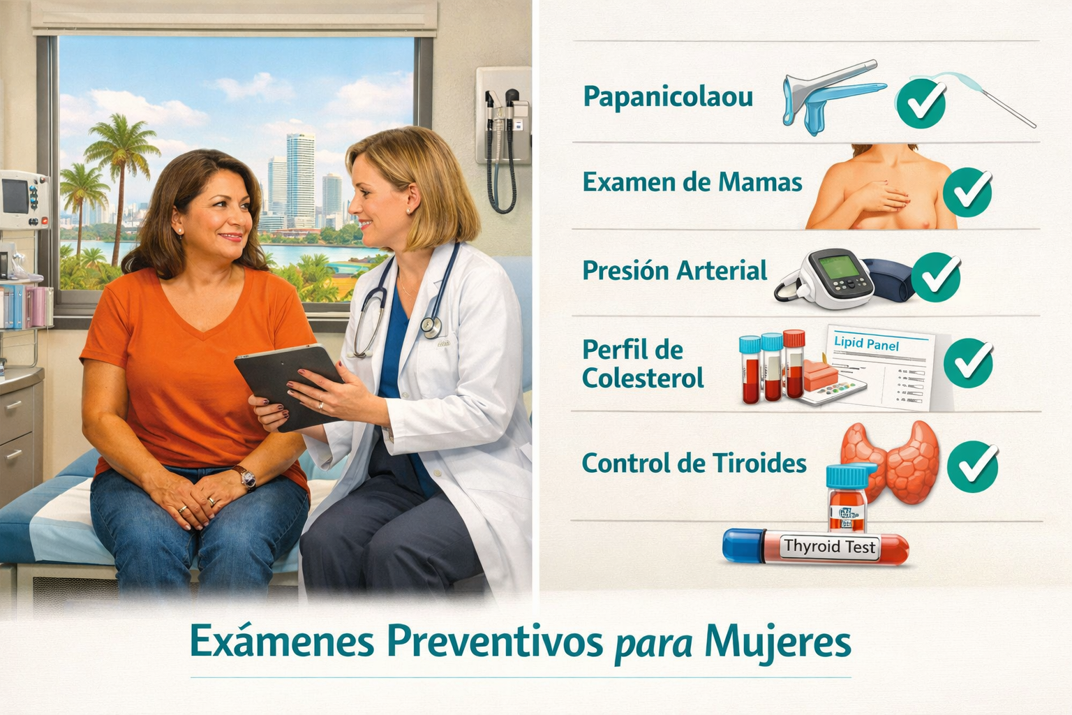 () editorial illustration showing a split-scene comparison: on the left, a Latina woman in her 40s sitting in a bright, a