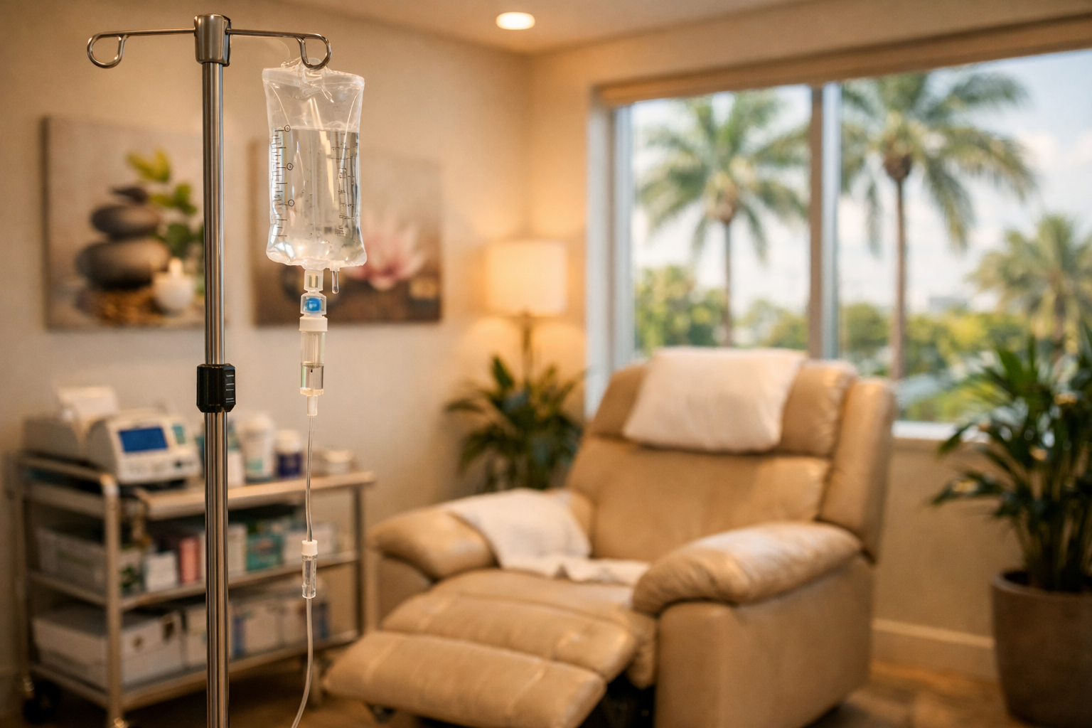 () editorial photograph of a modern medical clinic interior in Hialeah, Florida, featuring a comfortable IV therapy
