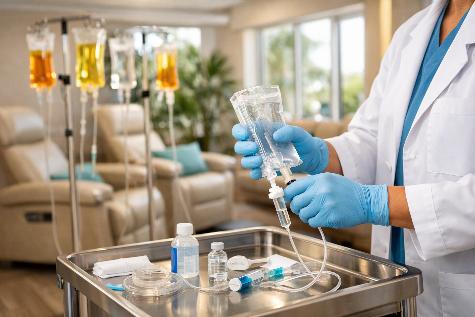 () editorial photograph of a modern medical clinic interior in Miami Gardens showing a licensed healthcare provider
