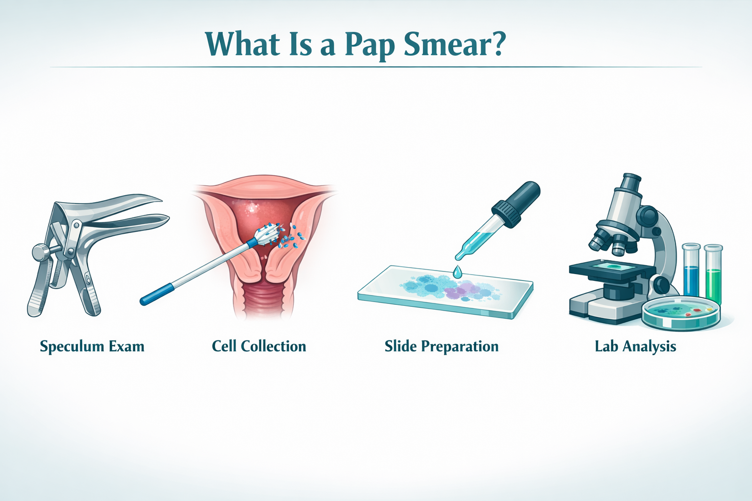 () informational infographic-style illustration showing a step-by-step visual timeline of a Pap smear procedure: a speculum