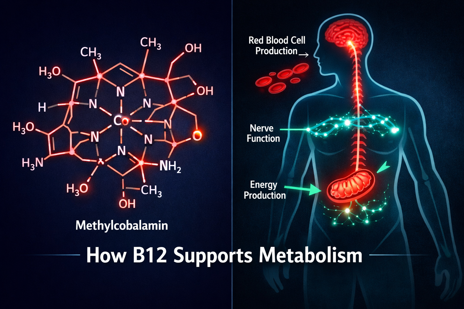 () split-panel editorial illustration showing left side: a molecular diagram of vitamin B12 (cobalamin) with red chemical