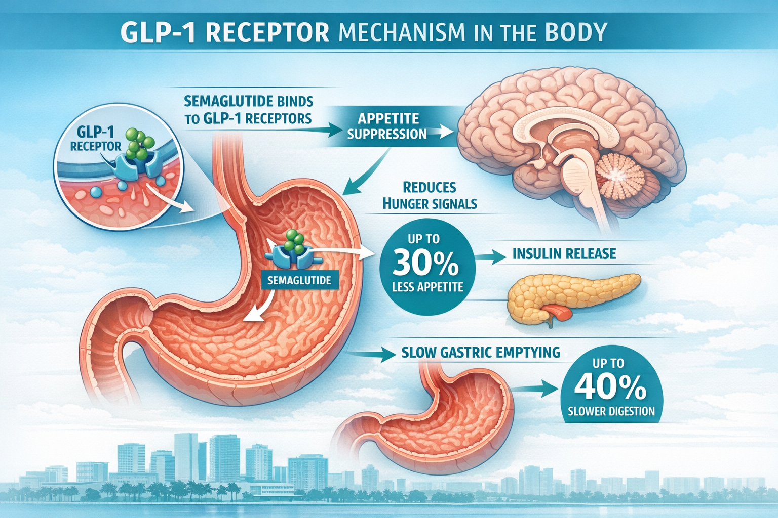 Detailed () educational infographic-style illustration showing the GLP-1 receptor mechanism in the human body: a clean