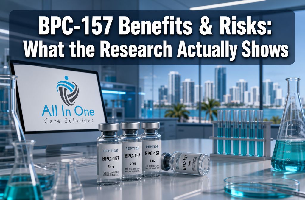 Professional () hero image featuring 'BPC-157 Benefits & Risks: What the Research Actually Shows' in extra large white with