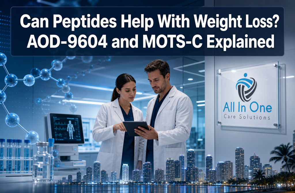 Professional () hero image featuring 'Can Peptides Help With Weight Loss? AOD-9604 and MOTS-C Explained' in extra large