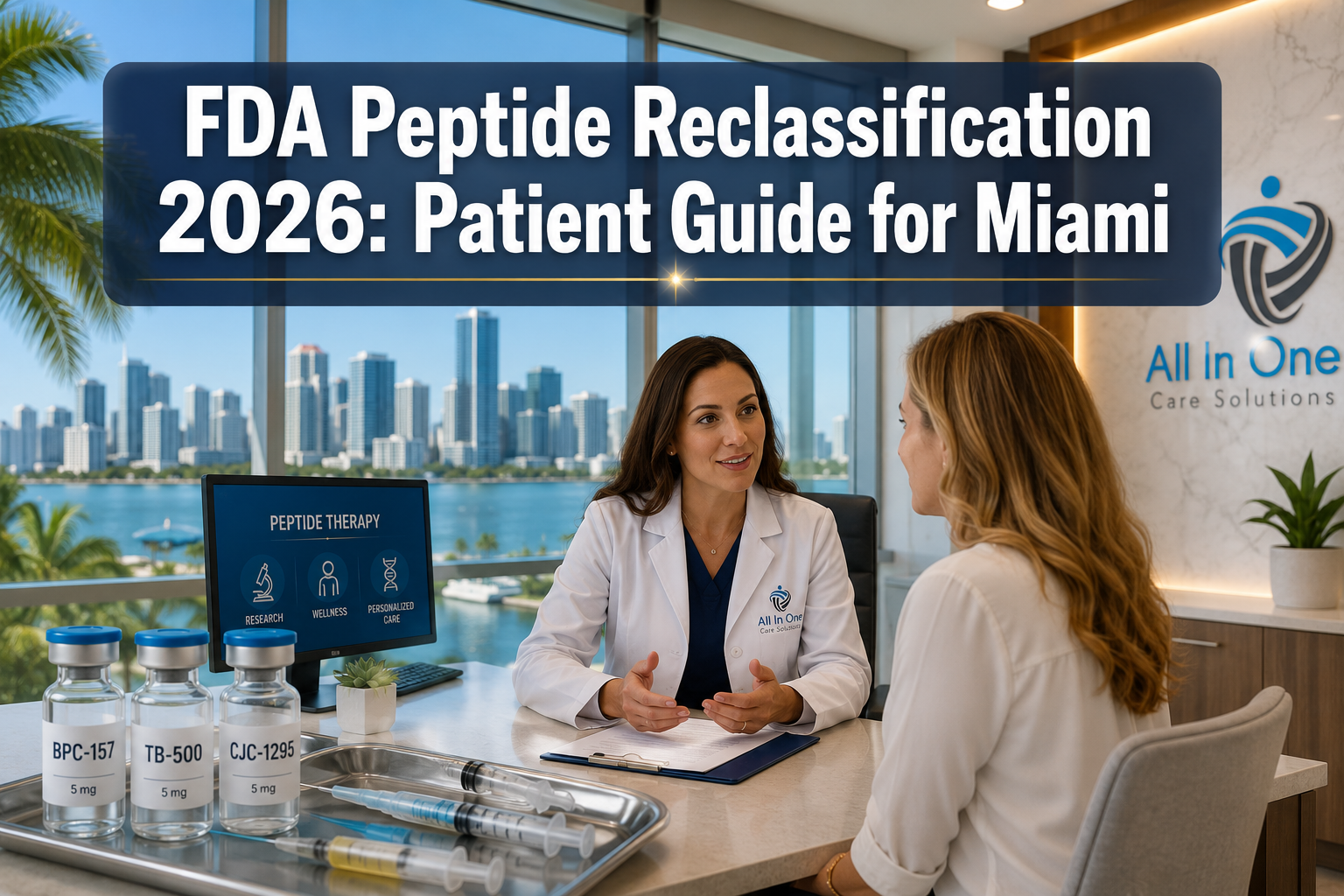 Professional () hero image featuring 'FDA Peptide Reclassification 2026: Patient Guide for Miami' in extra large white with