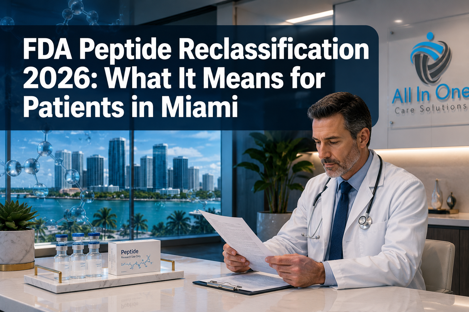 Professional () hero image featuring 'FDA Peptide Reclassification 2026: What It Means for Patients in Miami' in extra large