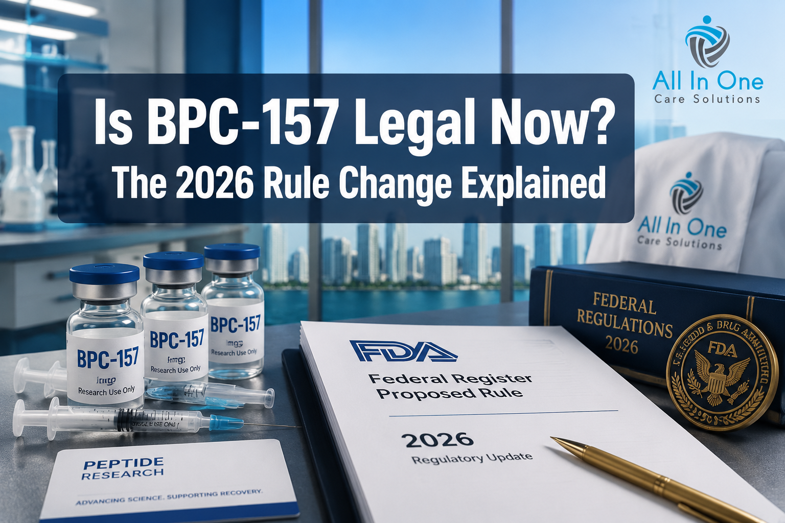 Professional () hero image featuring 'Is BPC-157 Legal Now? The 2026 Rule Change Explained' in extra large white with dark