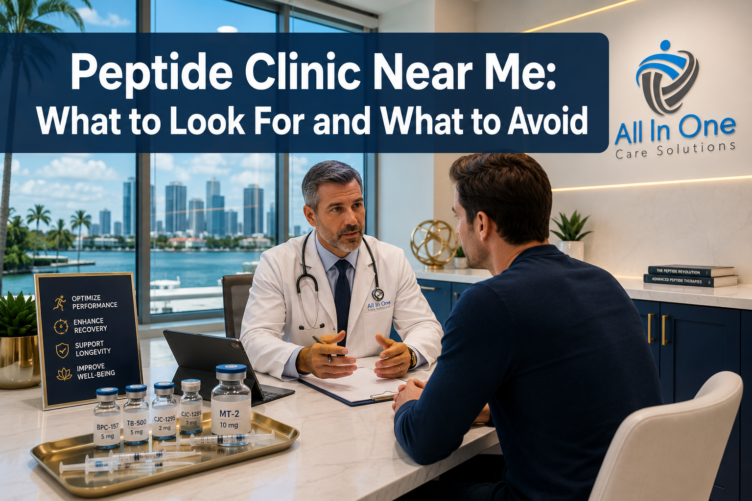 Professional () hero image featuring 'Peptide Clinic Near Me: What to Look For and What to Avoid' in extra large white with