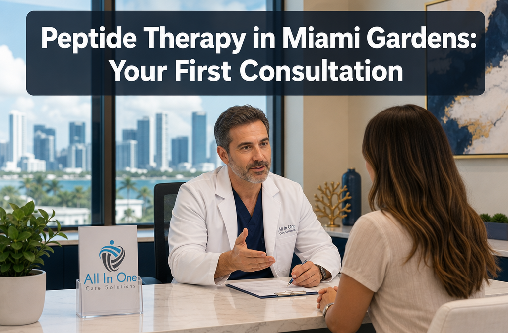 Professional () hero image featuring 'Peptide Therapy in Miami Gardens: Your First Consultation' in extra large white with a