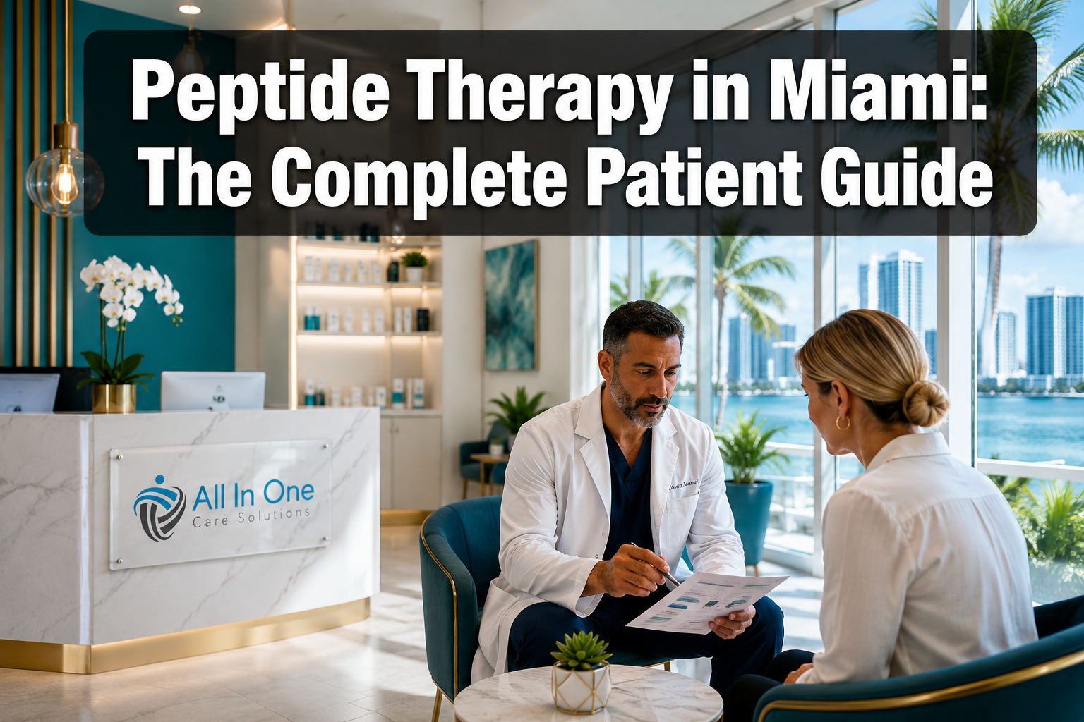 Professional () hero image featuring 'Peptide Therapy in Miami: The Complete Patient Guide' in extra large white with deep