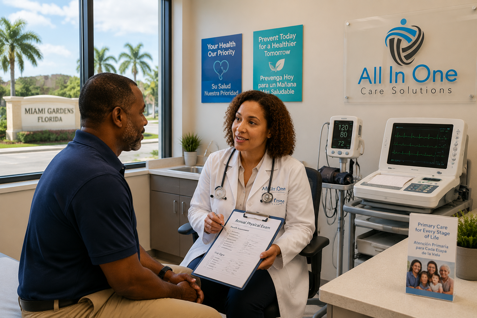 A warm, Florida showing a primary care physician in a white coat reviewing health records with an adult patient seated