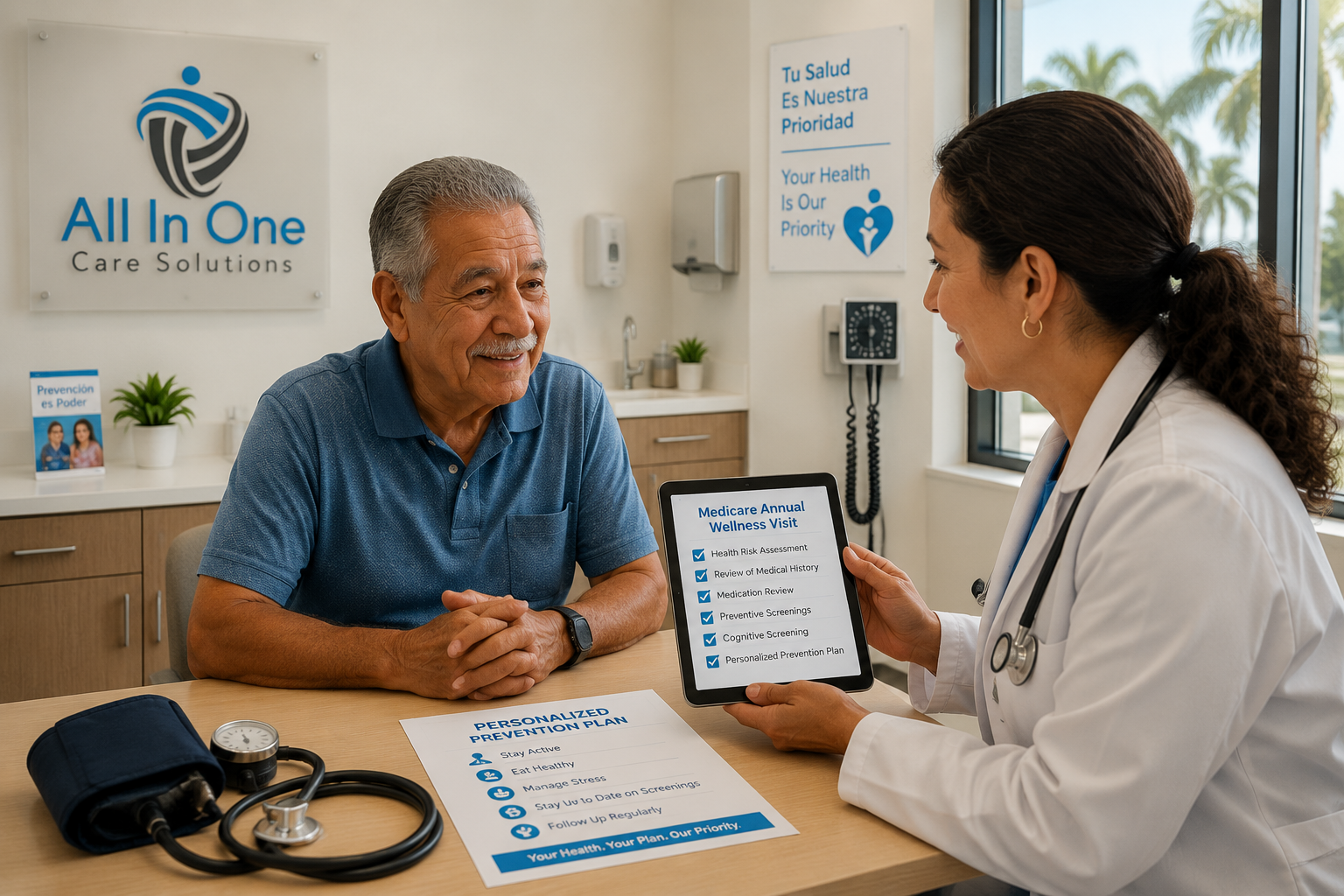 Editorial landscape photograph () depicting a warm, bright natural light, medical examination room with clean white walls,