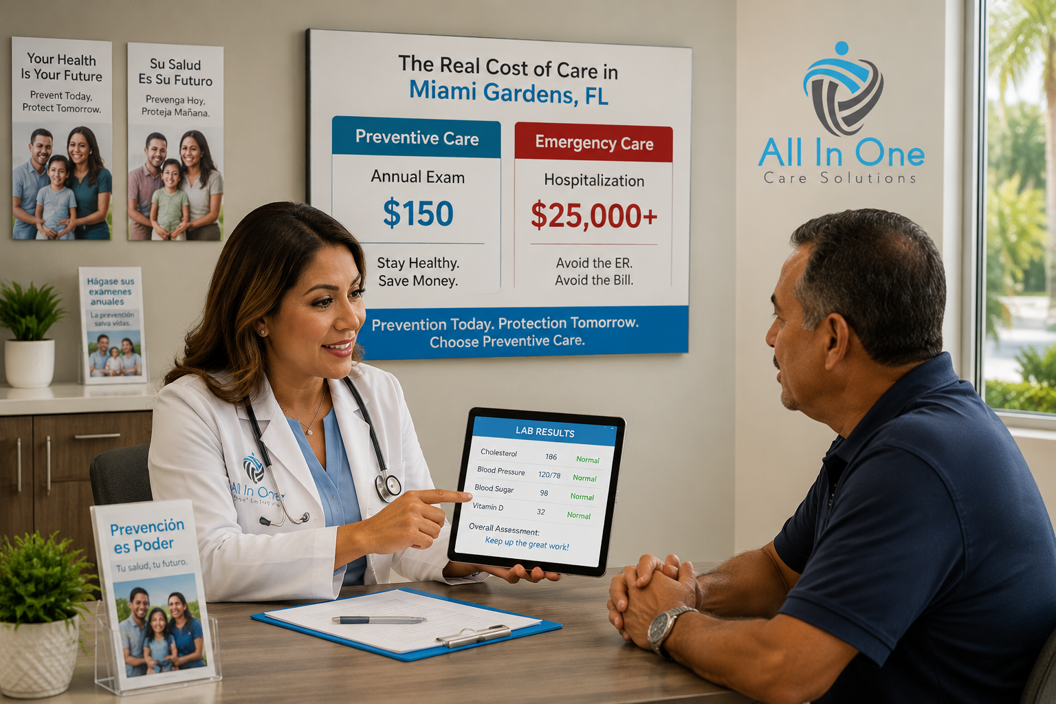Editorial-quality landscape photograph () showing a warm, Florida. A Hispanic female physician in a white coat reviews lab