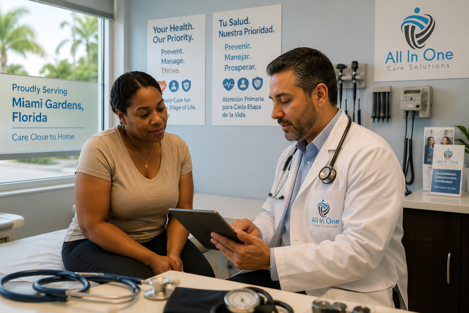 Editorial-quality landscape photograph () showing a warm, Florida. A compassionate physician in a white coat reviews lab